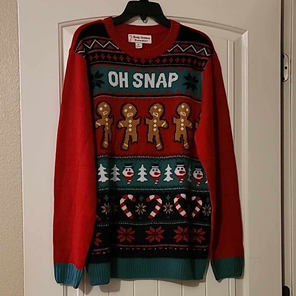 Red Crewneck Christmas Sweater with Gingerbread Men and Candy Canes